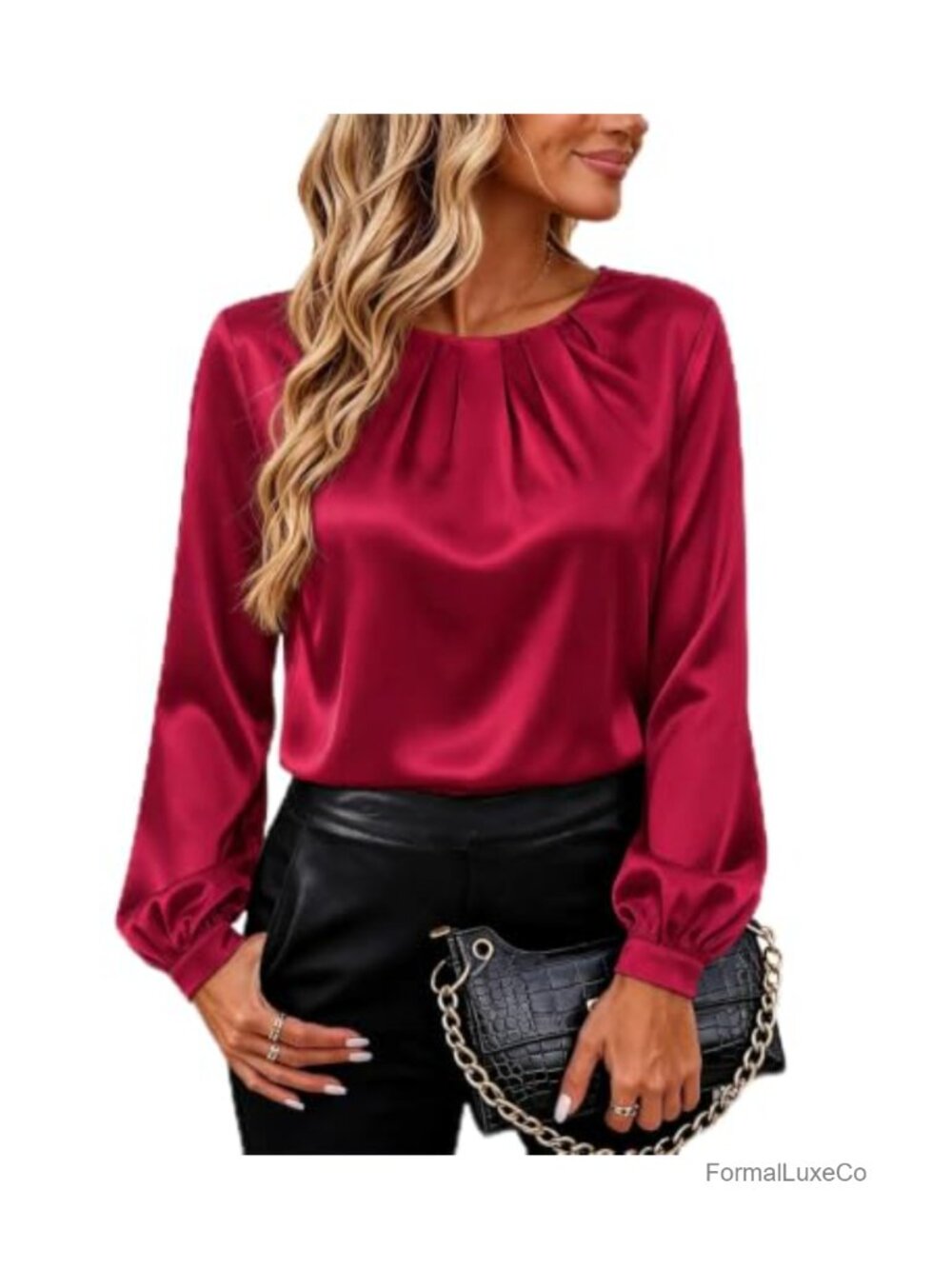 Silk Satin Blouse Pleated Button Down Long Sleeve Work Top